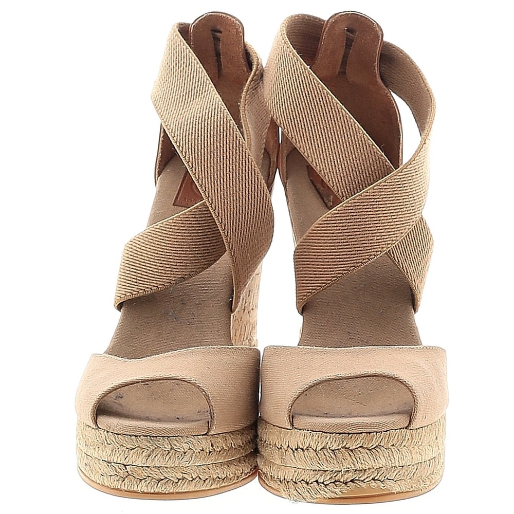 Tory Burch Peep Toe Canvas Cork Espadrille Wedge Sandals Size 8